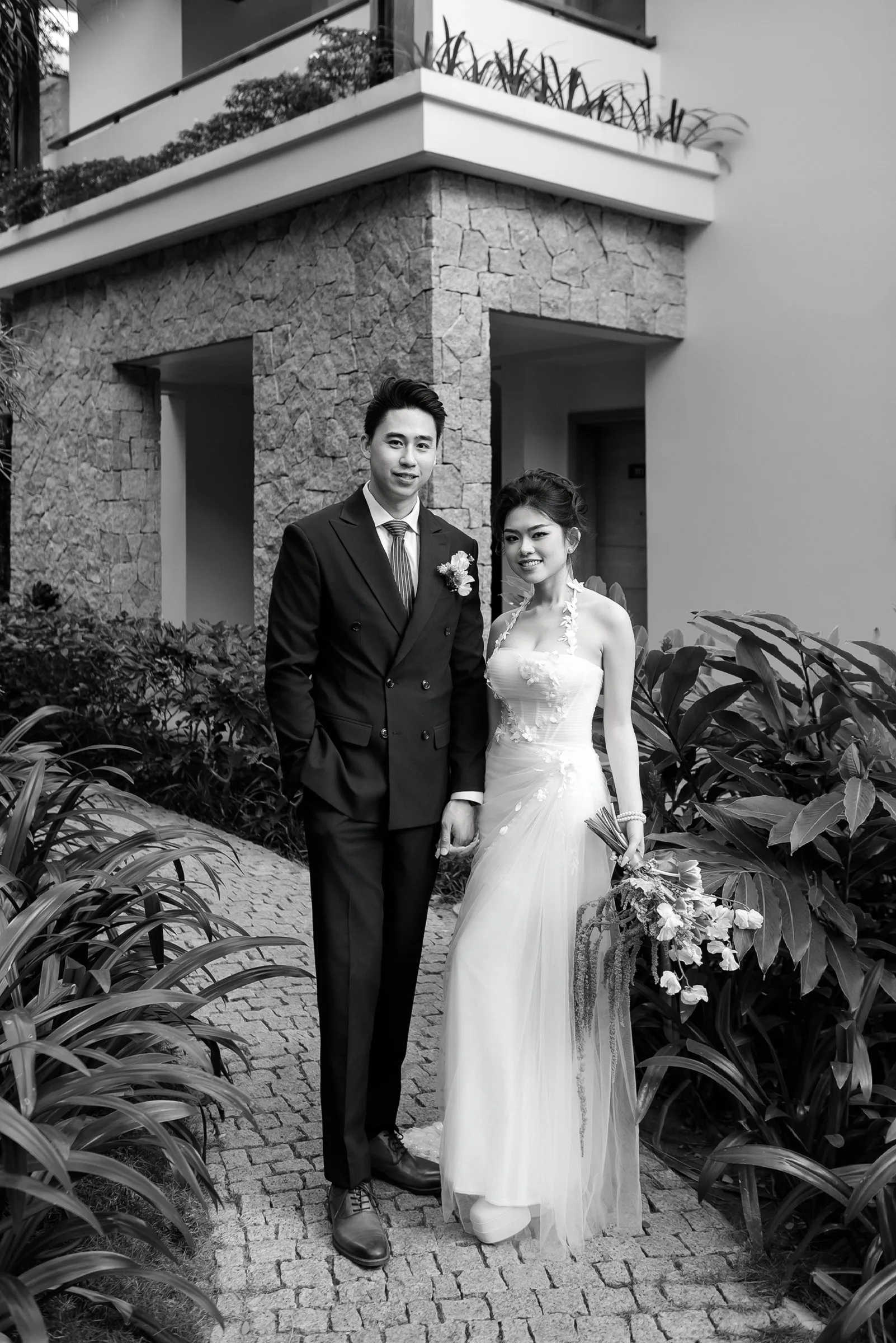 Black and white portrait of a couple at their BOMA Resort wedding in Nha Trang by TIMO Wedding