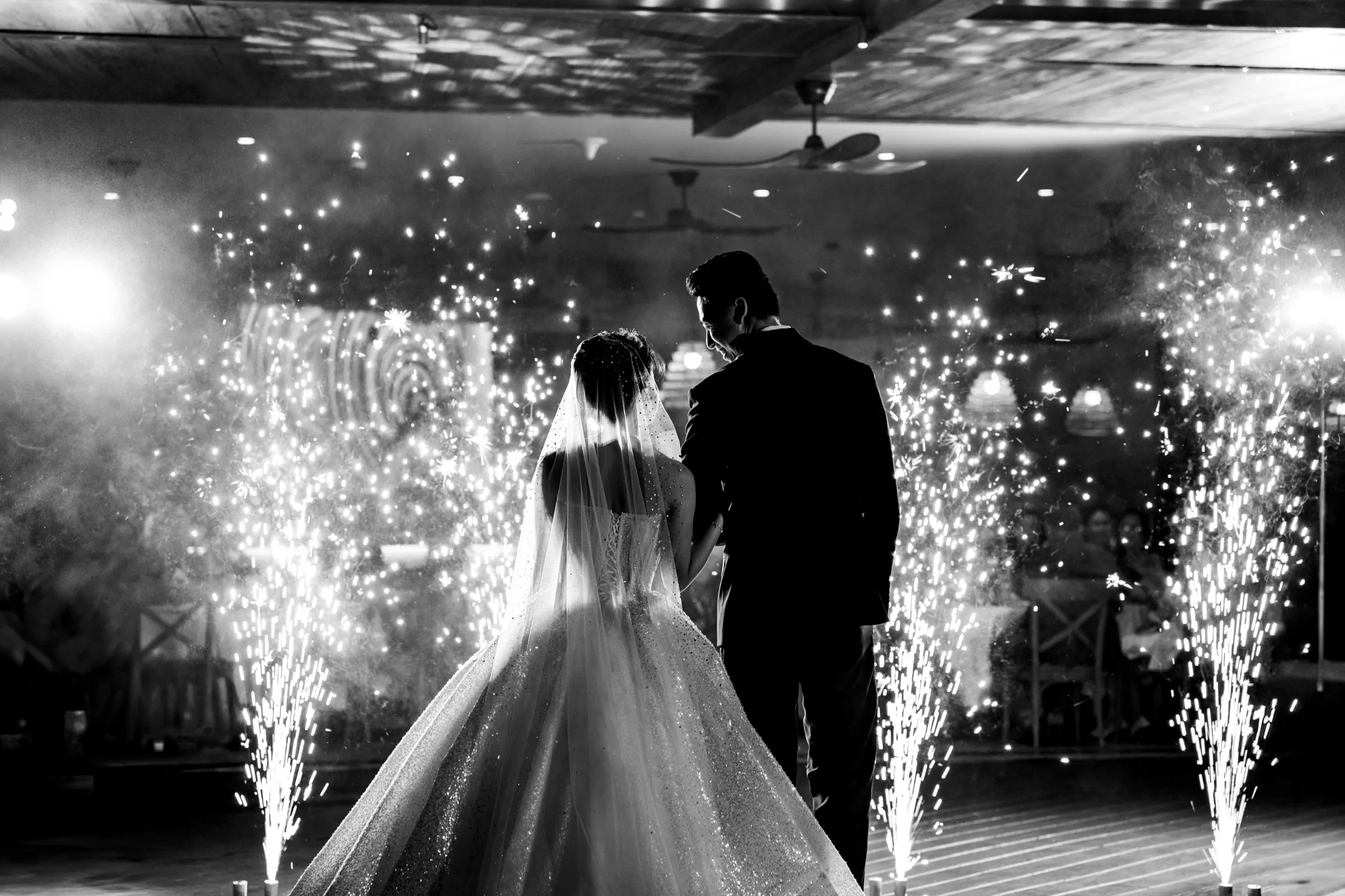 A sparkler-lit grand entrance to the reception.
