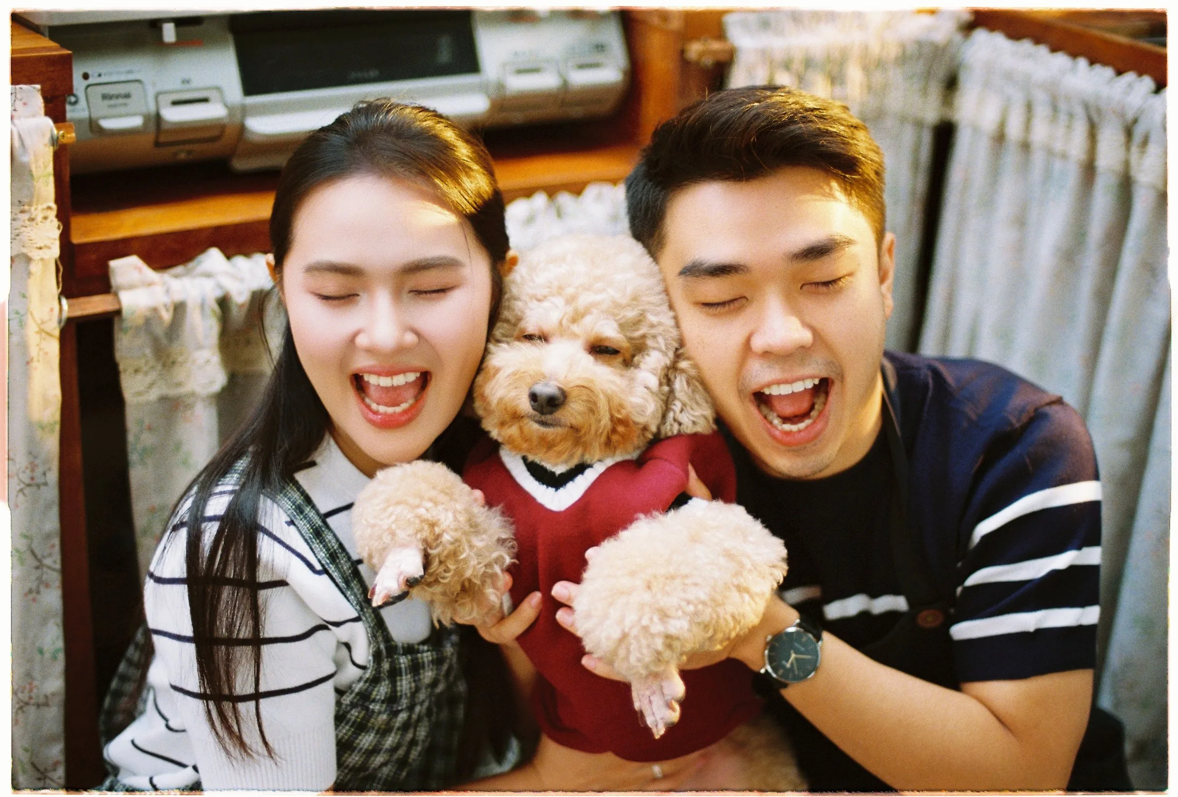 Couple with their poodle at a cosy Da Lat pre-wedding on film