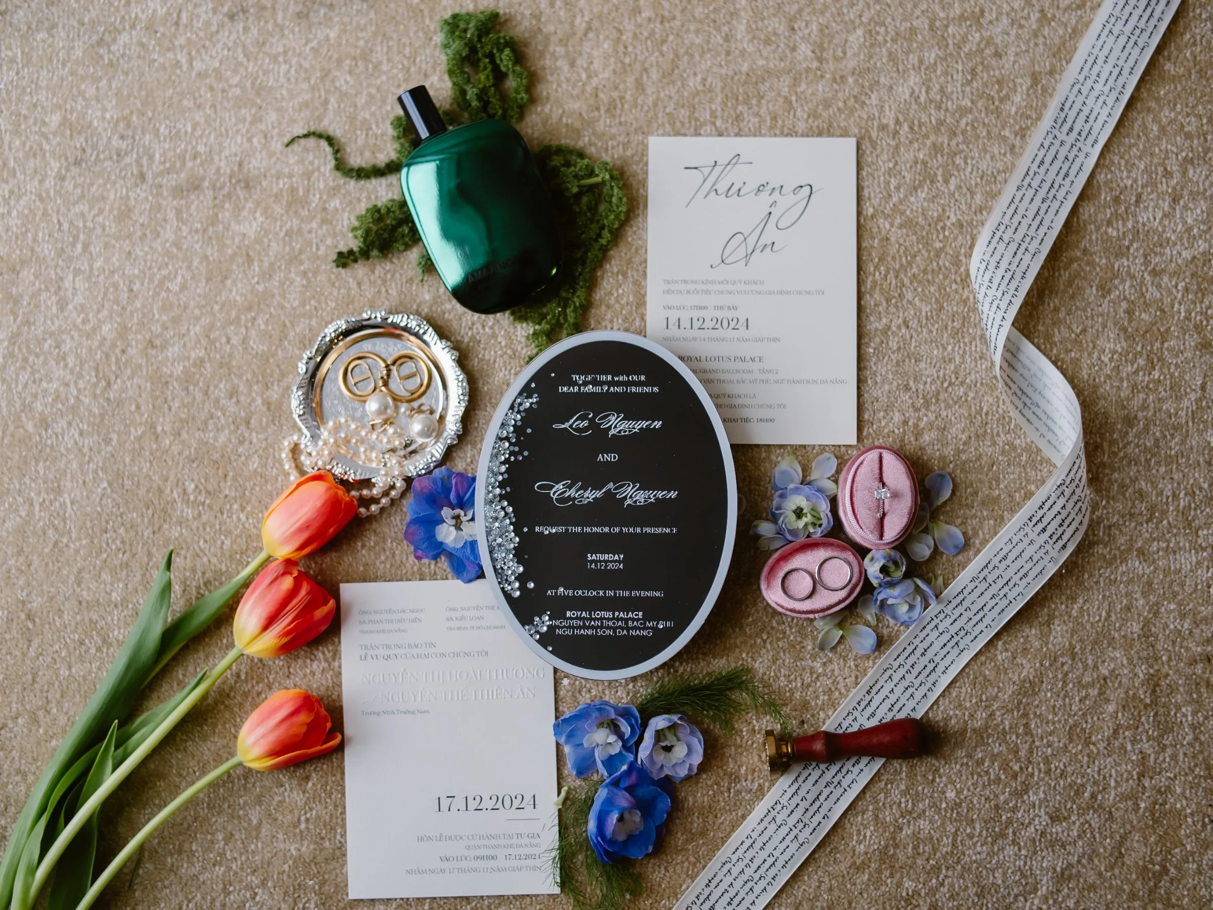 Wedding details flat-lay at a Da Nang wedding near Hoi An