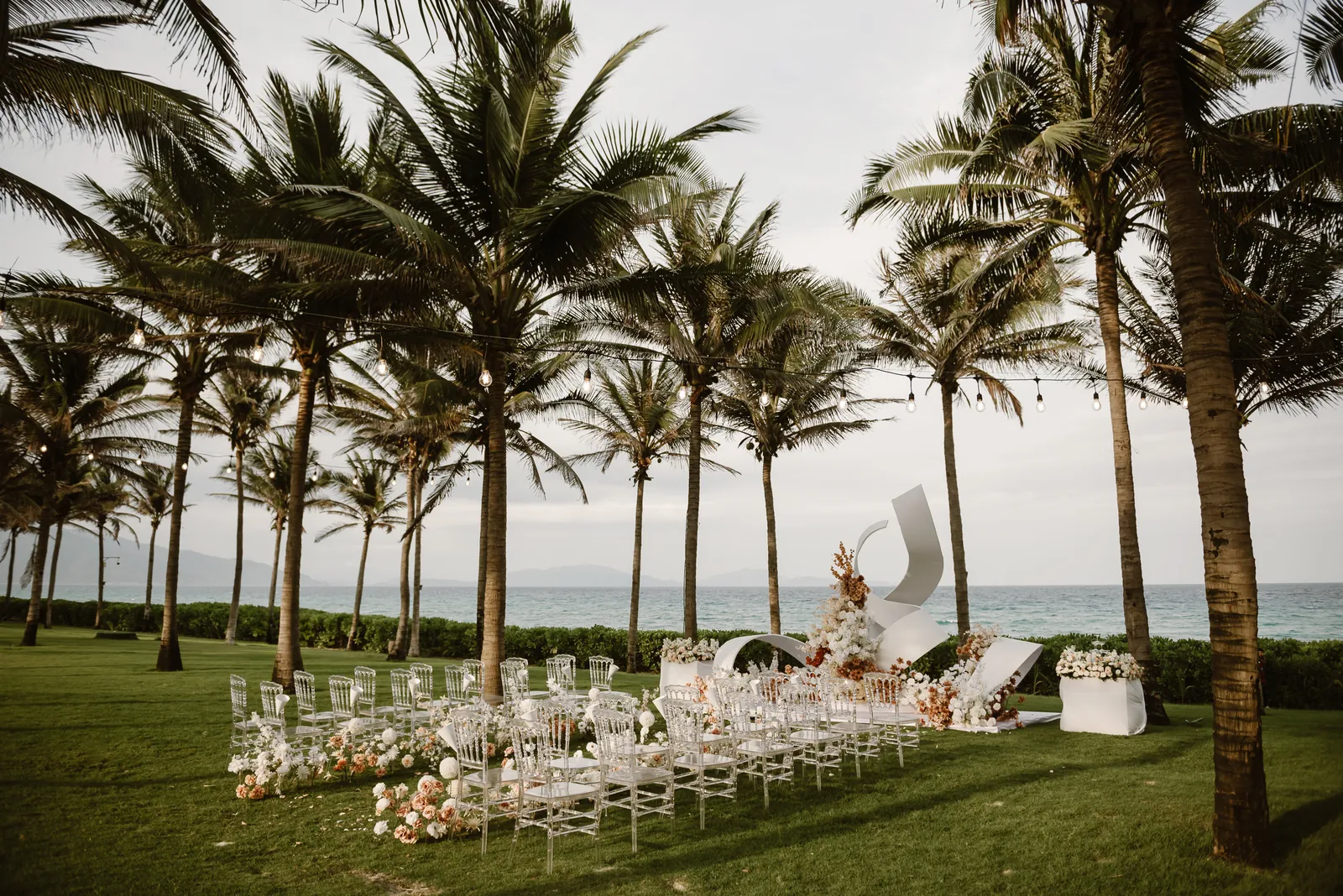 The beachfront ceremony setup at Mövenpick Resort Cam Ranh, Nha Trang.
