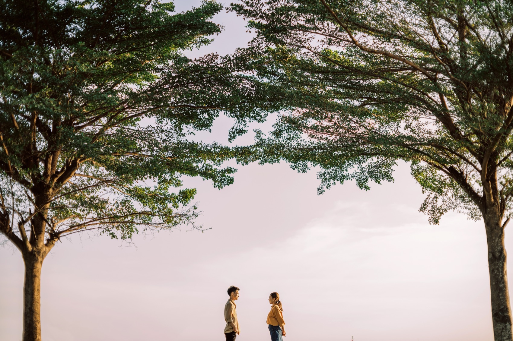 Couple silhouetted under park trees at dusk in Ho Chi Minh City