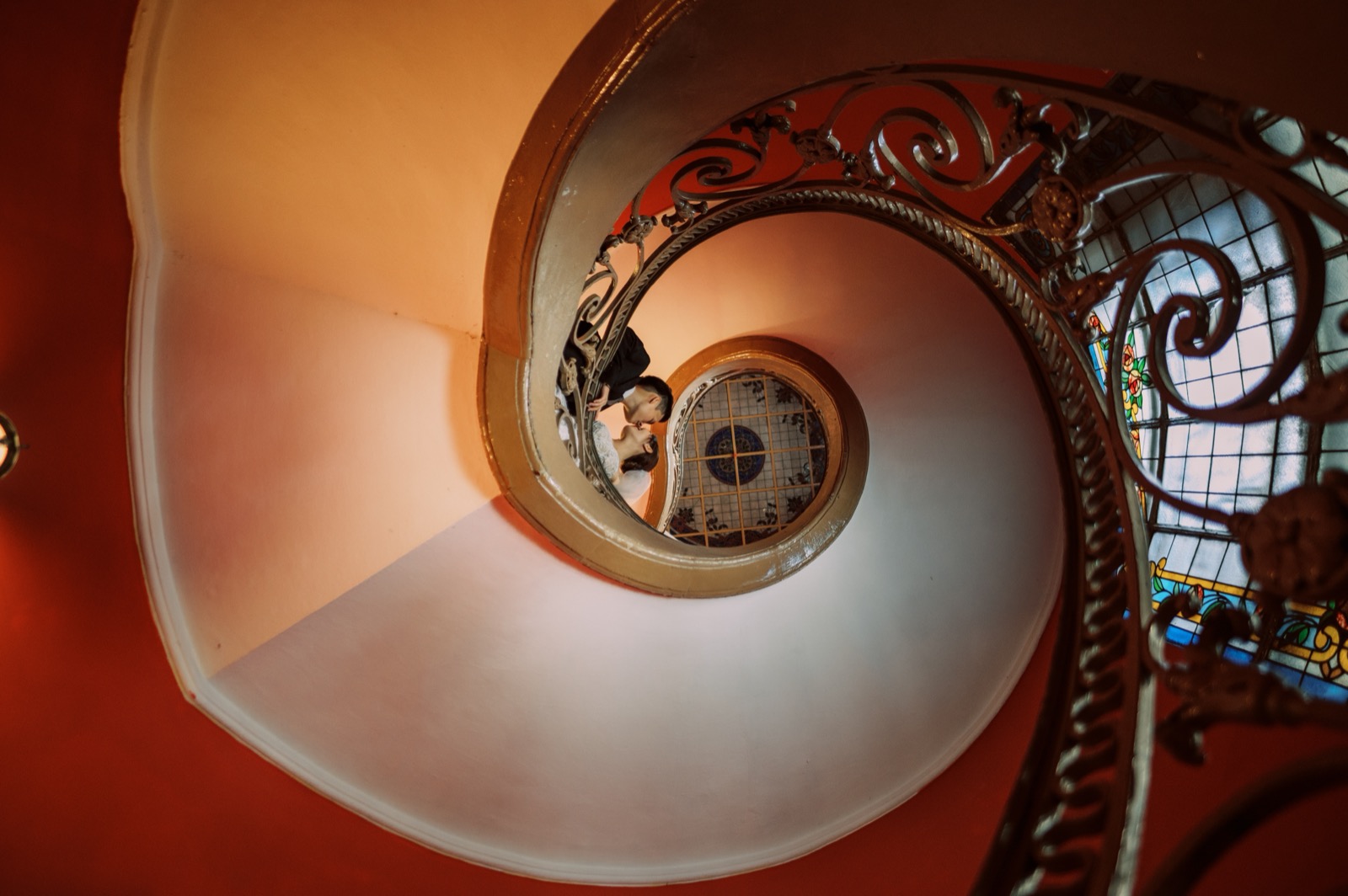 The Fine Arts Museum's famous spiral staircase, seen from above.