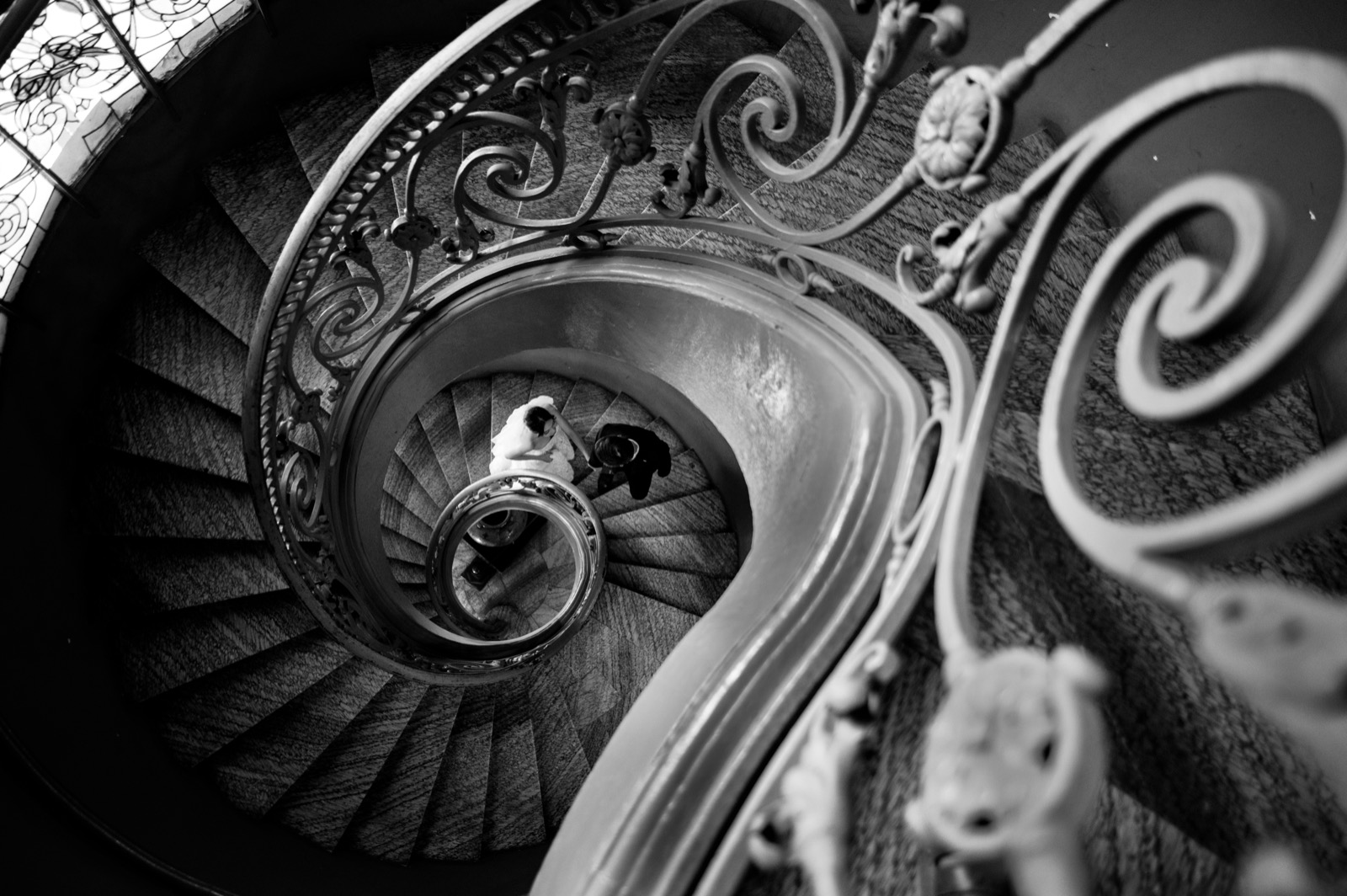 The spiral staircase, in black and white.