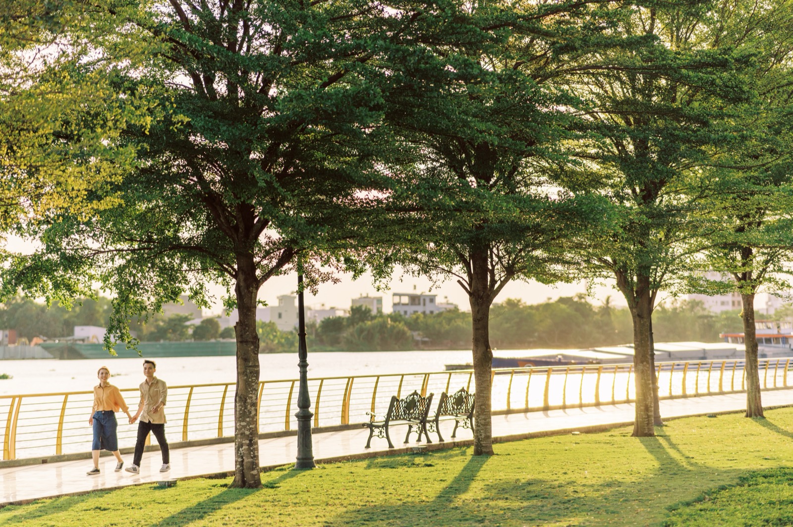 A wide green park on the edge of the city.