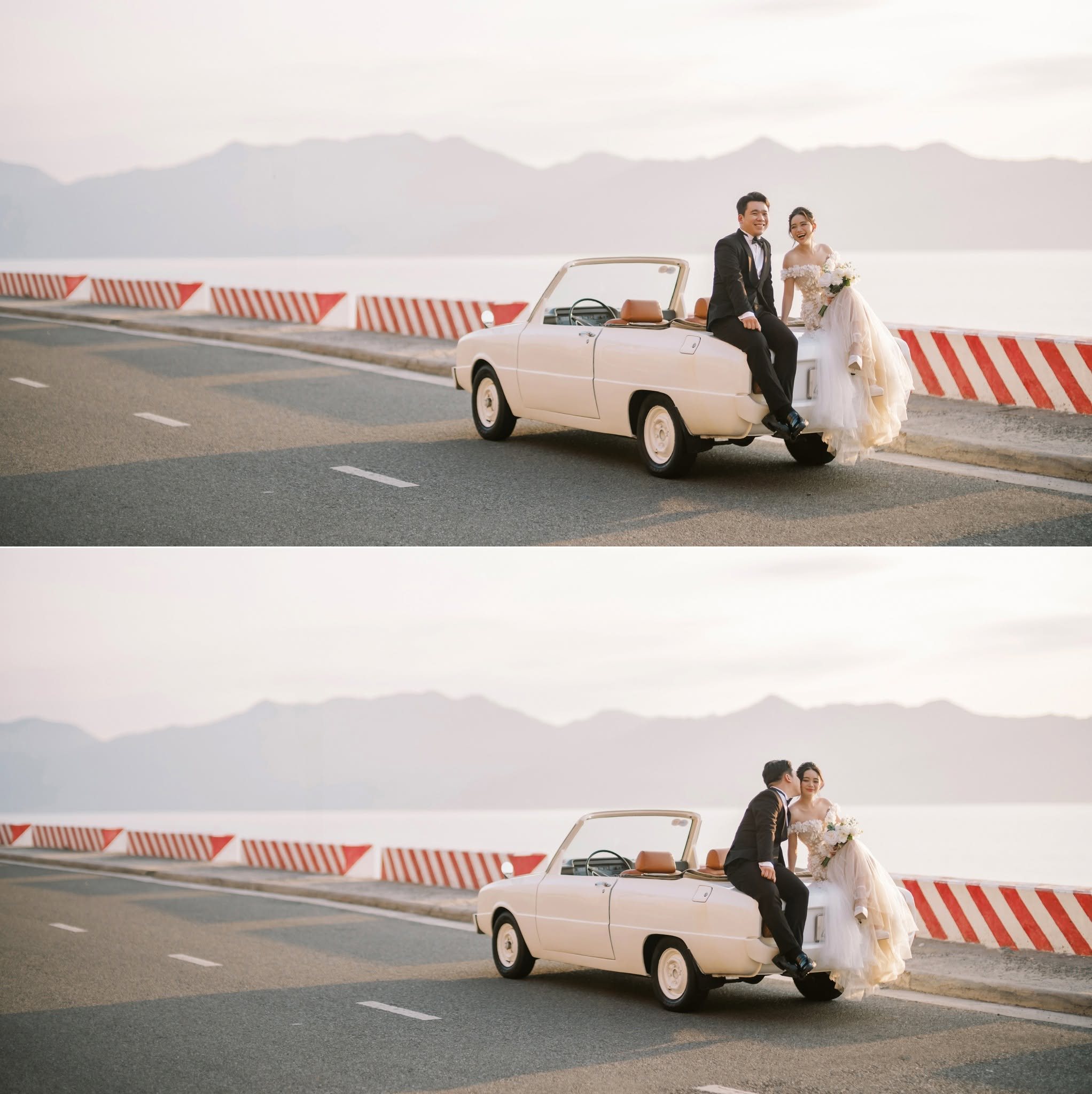 Two frames from the roadside: the wide view, and the couple up close.