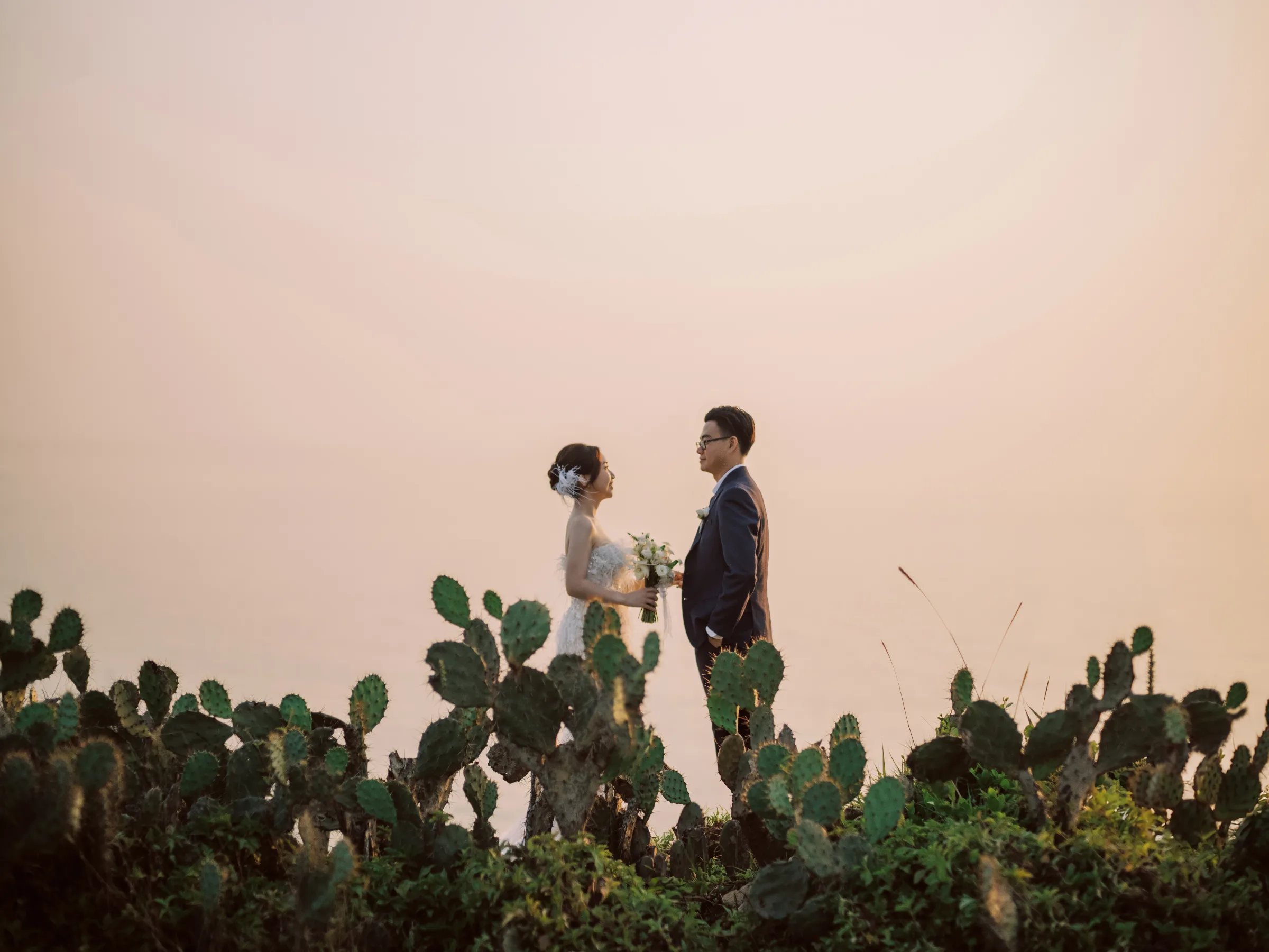 Couple among wild cactus at sunset on the Phu Yen coast