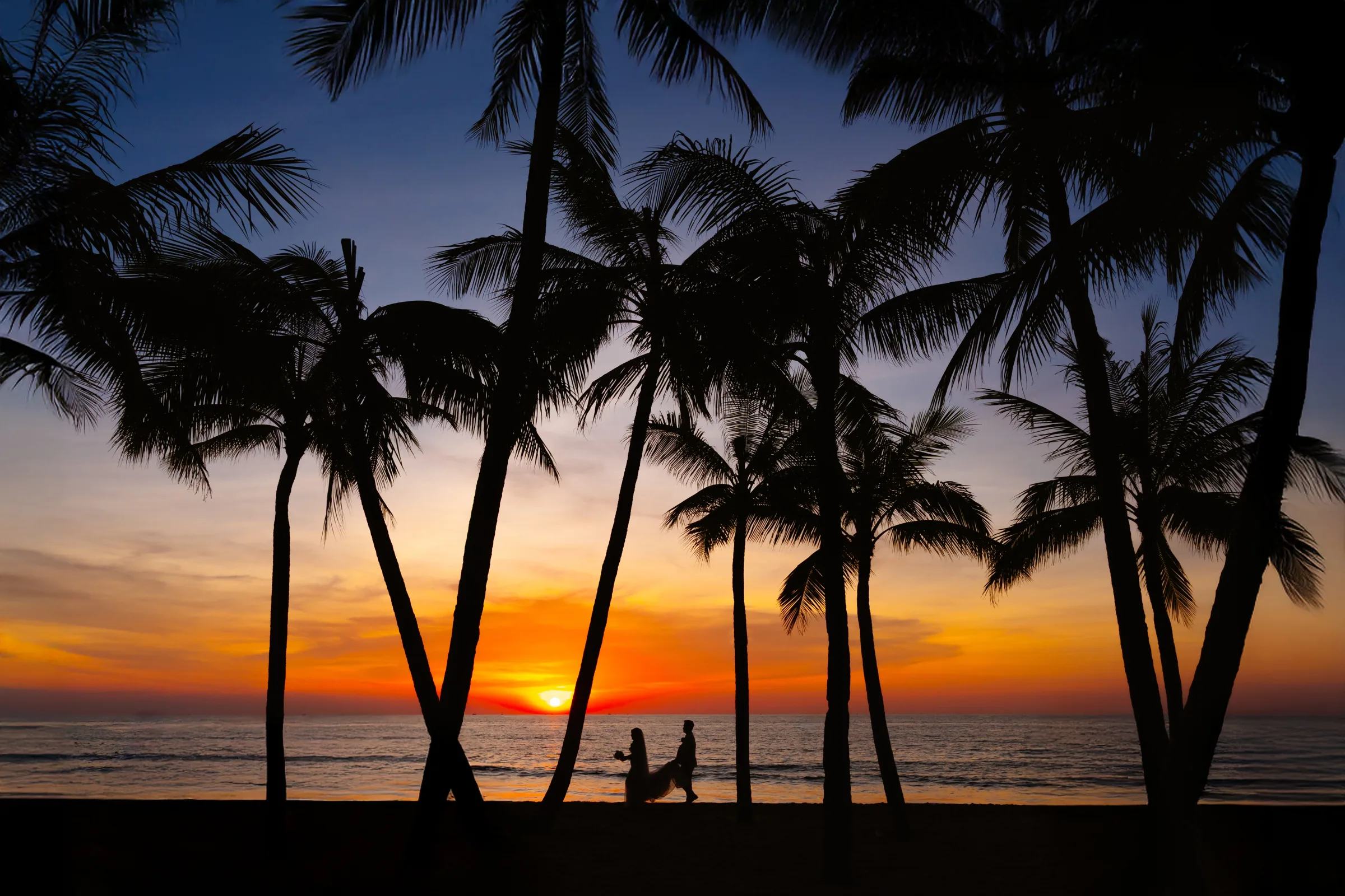 Palm silhouettes against a golden sunset at an InterContinental Phu Quoc luxury wedding